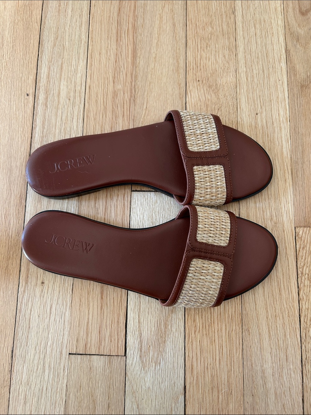 J. Crew Georgina woven Brown Leather Slide Sandals with faux raffia Straps